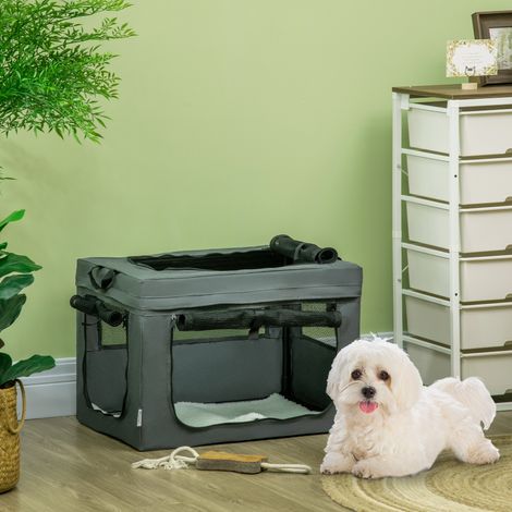 Caisse de transport pliable à 3 entrées, coussin intérieur, pour chiens et chats jusqu'à 4 kg/40 cm, grise