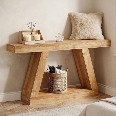 Console 140 cm naturelle en MDF au style rustique avec rangement et structure stable (1/5)