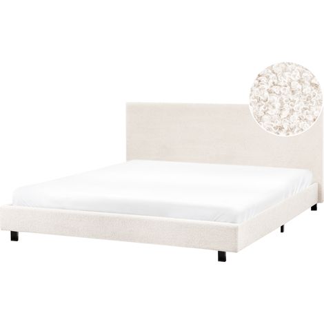 Cama moderna de bouclé 180 x 200 cm con somier y cabecero blanco crema Albi