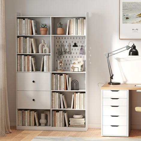 Bibliothèque double 6 étagères avec tiroirs et panneau perforé, blanc, rangement mural et solide, meuble polyvalent pour salon ou bureau, lot unique (1/5)