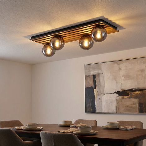 Plafoniera LED Lampada da soffitto Lampada da soggiorno Globo di vetro fumé 4 fiamme, vetro metallico MDF, 4x 6,5W 806LM bianco caldo, LxLxH 90x30x20 cm