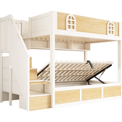 Kinder-Etagenbett 90 x 200 cm mit Stauraumtreppe, Weiß und Holz, HOMVRA (1/5)
