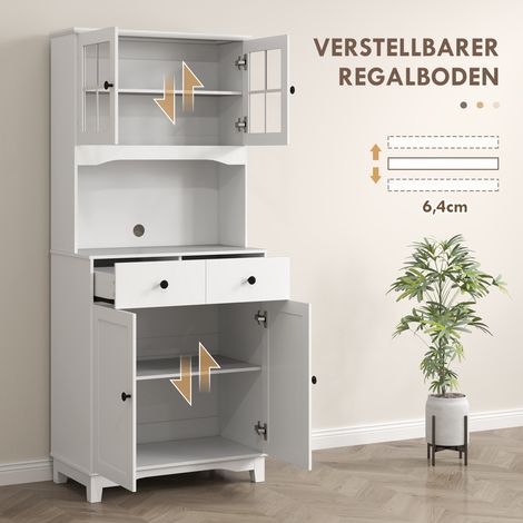 Meuble de cuisine haut avec étagère micro-ondes, 2 portes, 2 tiroirs, buffet-vitrine à tablettes réglables, protection anti-bascule, armoire de rangement pour salon, salle à manger, blanc. (1/5)