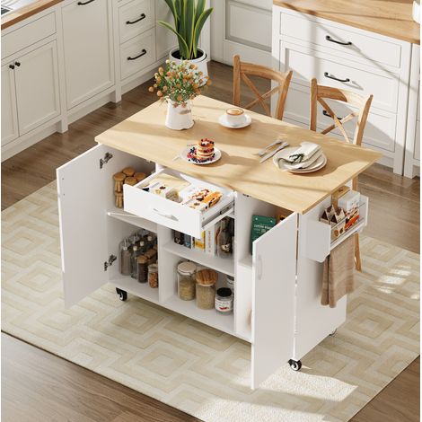 Îlot de cuisine 120x43,5x92,9 cm blanc et naturel en MDF avec plateau rabattable, rangement et roulettes (1/5)