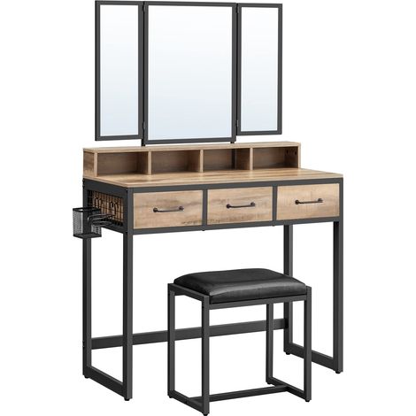 Coiffeuse, Table de Maquillage avec Tabouret Rembourré, avec Miroir Triple, 3 Tiroirs, Porte-sèche-Cheveux, Pot, Style Industriel, Marron Boisé et Noir RVT004B50 (1/5)