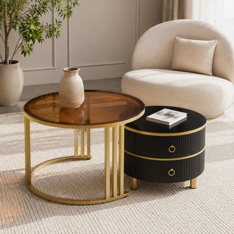 Tavolino da caffè rotondo 70x70x45 cm nero, set 2, con contenitore, MDF e vetro temperato MEUBLIV (1/5)
