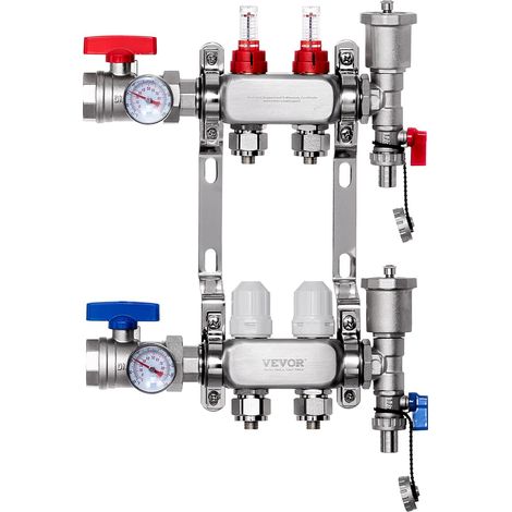 VEVOR Collettore di Riscaldamento Radiante a 2 Rami, Collettore per Tubi PEX da 12,7 mm in Acciaio Inossidabile PEX, con Adattatori da 12,7 mm, per Pavimento Radiante Idronico, Kit Collettore PEX (1/5)