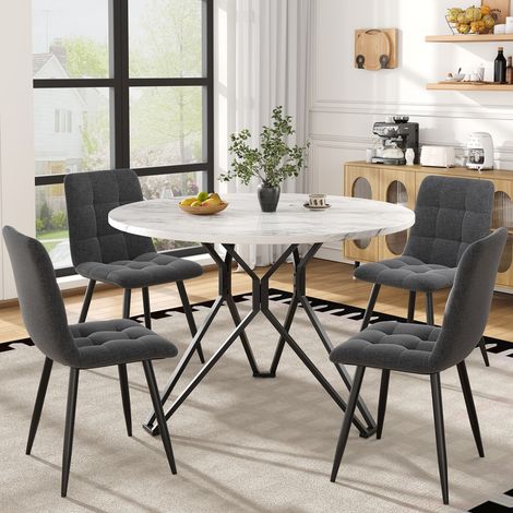 Ensemble Salle à Manger 5 Pièces - Table Ronde Ø100cm Marbre - 4 Chaises Lin Gris - Design Contemporain - Confort Optimal (1/5)