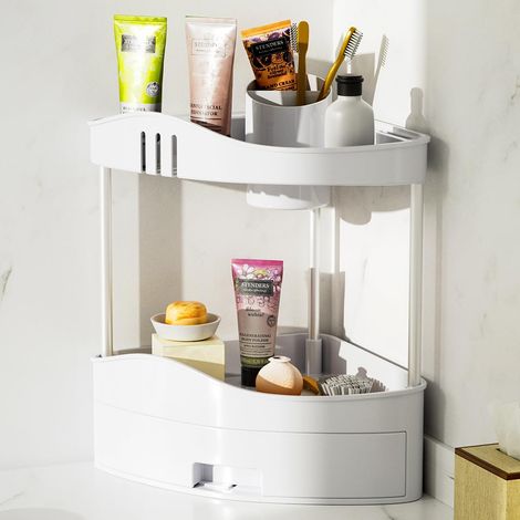 Étagère d'angle de Salle de Bain avec tiroir, Organisateur Multi-étagères en Plastique Dur, unité d'étagères d'angle de Rangement, étagère Minimale pour Salle de Bain, Cuisine, Bureau, Maison (1/5)