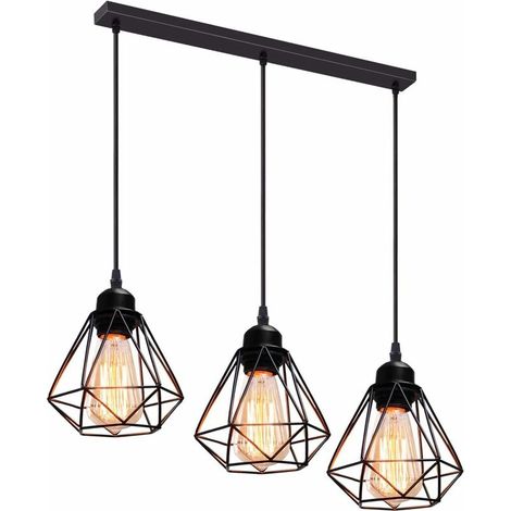 3 Lampes Suspension Luminaire Industrielle Métal Lustre Plafonnier Style Cage Géométrique E27 Mini Lampe Suspension Vintage avec Support en Barre, Noir, Ø 16cm - Noir BLOW (1/4)