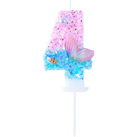 Bougie d'anniversaire 4 Paillettes roses et bleues avec perle coquillages et queue de poisson Thème océan 4 Décoration de gâteau de fête sous la mer (1/5)