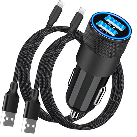 [Certifié Apple MFi] Chargeur De Voiture iPhone Charge Rapide,  4.8A Double USB Allume-Cigare Chargeur USB Voiture Avec 2 Câbles Lightning Tressés Pour iPhone 14 13 12 11 Pro XS Max XR X 8 iPad (1/5)