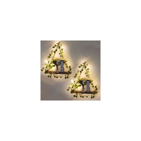 Lot de 2 étagères Suspendues en Macramé Lierre Artificiel Bande LED étagère Flottante Bois Murale Deco Macrame Mural Etagere Murale Enfant Etagere pour Chambre à Coucher Salon (1/5)