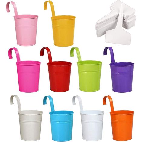 ZOLGINAH 10 Pots de Fleurs en métal, Pot de Fleurs en Métal de 10 Couleurs avec Trou de Drainage[Crochet Amovible] et 30 Pièces Étiquettes de Plantes, pour Jardin, Balcon, Clôture Décoration (1/5)