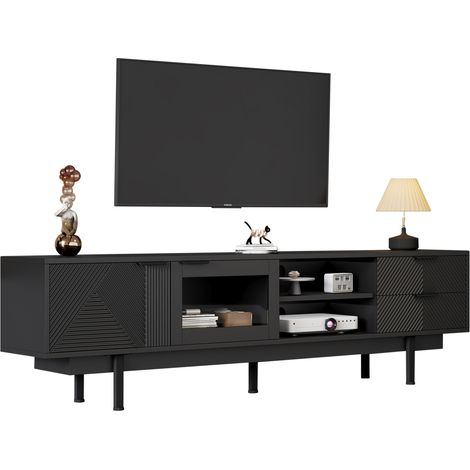 Meuble TV 200 x 40 x 50,5 cm avec 2 portes, 2 tiroirs et 2 niches, pour écran jusqu’à 80 pouces, noir, design moderne, 45 kg, CHICFURN (1/5)
