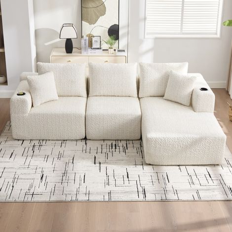 Sofá rinconero modular de 3 plazas beige con portavasos y bolsillos DESVIAE (1/5)