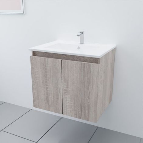 Meuble salle de bain suspendu 60 cm PROLINE- Bois- Plan vasque en Céramique (1/4)