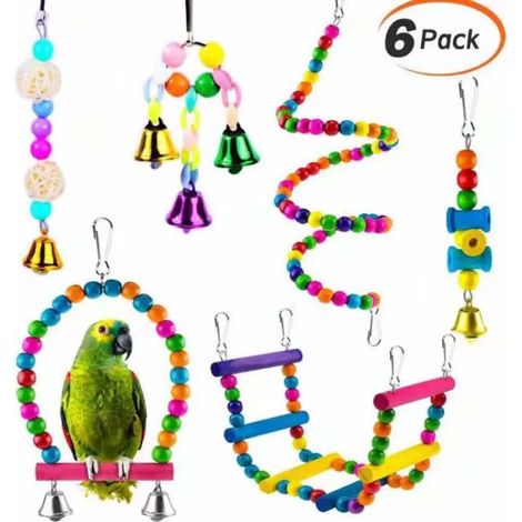 6 Pièces Jouets Oiseaux Colorés, Perchoirs Debout pour Perruches, Balançoire Perroquet, Accessoires pour Inséparables, Diamants Mandarins et Perroquets (1/3)