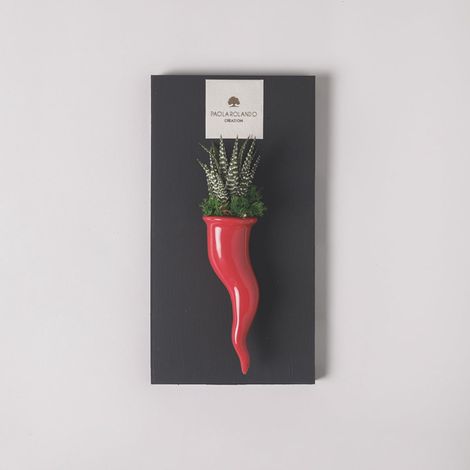 Plante succulente en pot de céramique artisanale Cornetto - Rouge
