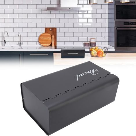 Boîte à pain rectangulaire simple en fer forgé, à couvercle rabattable, noire et grise. (1/5)