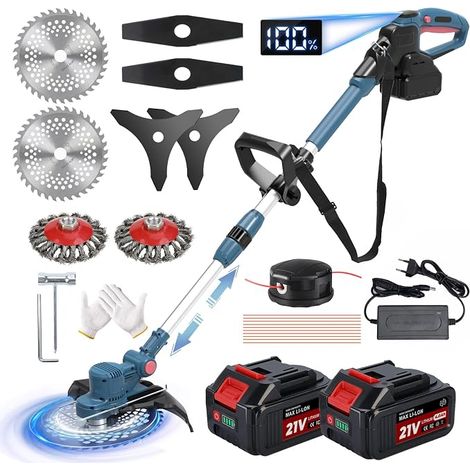 21V Cordless Electric Brushcutter with Battery, 5 in 1 Brushless Battery Trimmer with Brush for Garden Pruning, Blue (1/5)
