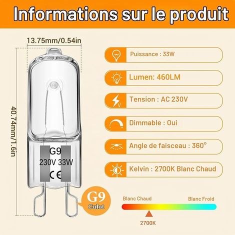 Ampoule Halogène G9 33W 230V Blanc Chaud 2700K 460LM, Ampoules Capsule G9 pour Four, Micro-ondes, Plafonniers, Lampes Murales (1/3)