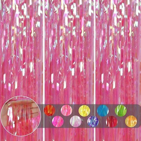 3 pièces Rideau Métallique Frange Holographique Rose, 1mx2m Scintillants Foil Rideau Shimmer Holographique Rose RIDEAU (1/5)