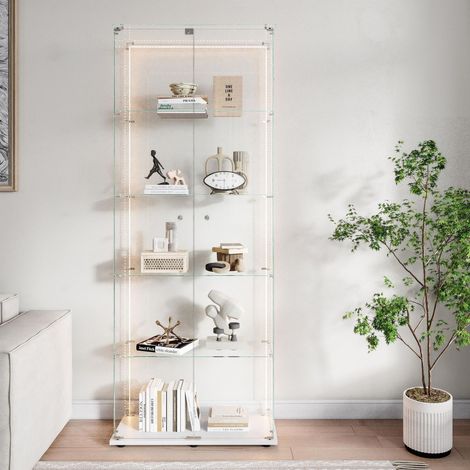 Vitrina de cristal con tira LED, vitrina de colección con 4 niveles, puerta doble con cerradura, 77x39x187 cm - Blanco
