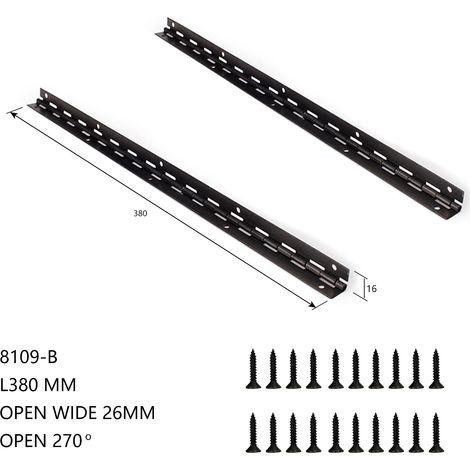 (8109B-L380w26 2 pièces) Charnière pour meubles de piano, ouverture à 270°, longueur L380 mm x L153 mm, épaisseur 1 mm, en fer noir, vis incluses (1/5)
