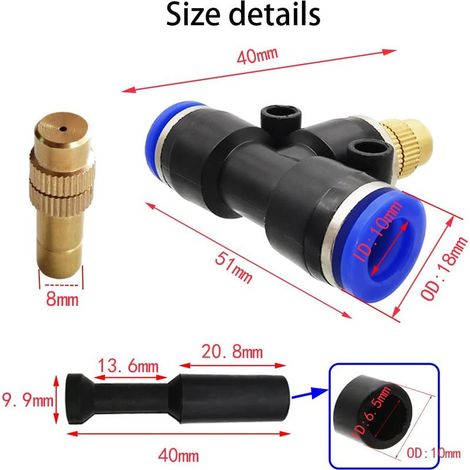 Sprühdüse, 8 Messing-Sprühdüsen mit 10-mm-Schlauchanschluss + 4 Verschlussstücke zur Desinfektion, Staubreduzierung, Kühlung und Befeuchtung (1/5)