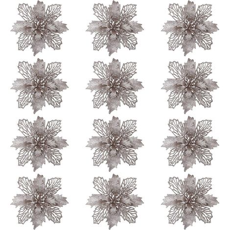 STOBOK Lot de 12 fleurs de poinsettia pailletées, fleurs artificielles creuses, décorations de Noël à suspendre au sapin (Champagne) (1/3)