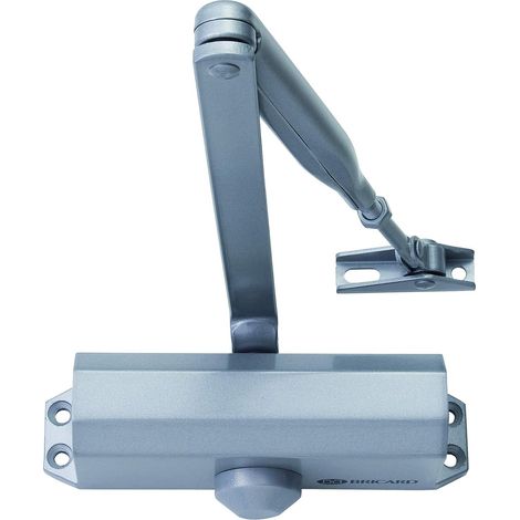 Cierrapuertas con brazo de compás de fuerza, tecnología de piñón y cremallera, color plata (1/5)
