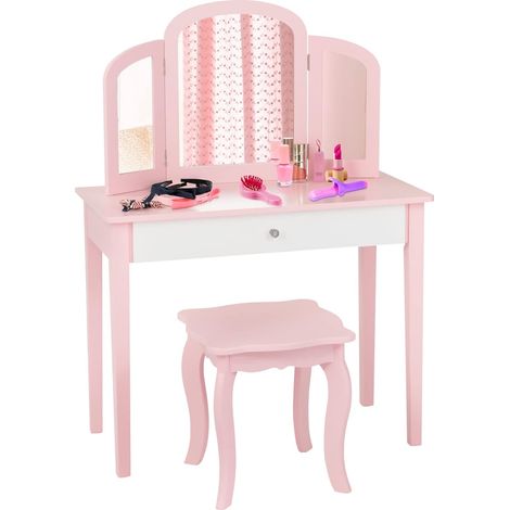 GOPLUS Coiffeuse pour Enfant avec Miroir Pliant, Inclus de Table de Maquillage et Tabouret,1 Grand Tiroir Accessoire de Maquillage,Table de Maquillage de Filles Style Princesse (Rose) (1/5)