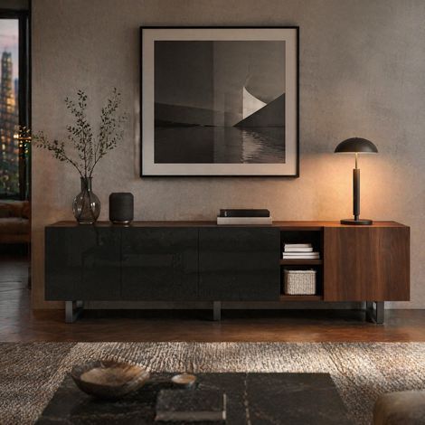 Mobile TV 180 x 38 x 50 cm con 4 ante, nero lucido ed effetto legno HAVRYA (1/5)
