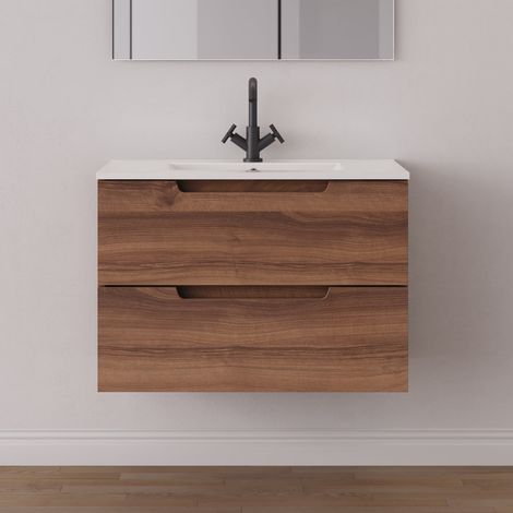 Meuble de salle de bain 70cm simple vasque - 2 tiroirs - sans miroir - noyer (bois foncé) - SONRIZA (1/5)