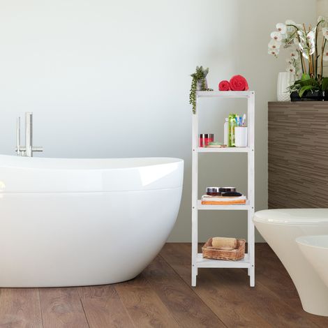 Relaxdays Badregal Walnuss, 4 Ablagen, offen, quadratisch, Badezimmer Regal Holz, HBT 112 x 36 x 36 cm, Standregal, weiß