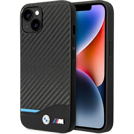 BMW Leder Carbon Blue Line - iPhone 14 Plus Hülle (Schwarz) (1/5)