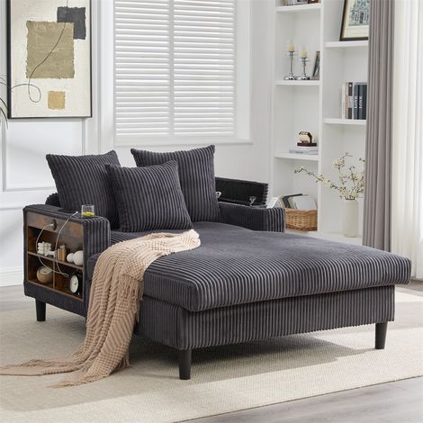 Méridienne Multifonctionnelle en Velours Côtelé - 129x170x70cm - Lounge Design avec LED, USB et Porte-Gobelets - Gris Foncé (1/5)