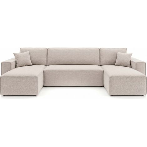 Canapé panoramique d'angle FARAH convertible avec rangement en tissu - Beige (1/5)