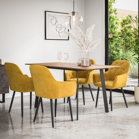 Haydon Extending Dining Table And Chairs - Oak Effect Table Top w Black Legs + Anika Velvet Dining Chair Set Of 4 (Mustard) (1/5)