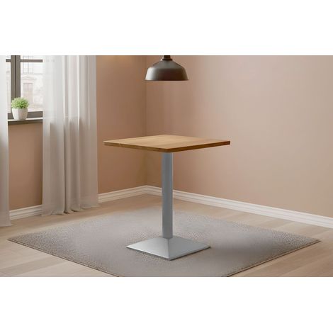 Bistrotisch massiv Akazie naturfarben eckig Runde Kante 60 cm Säulengestell eckig silber EMILE