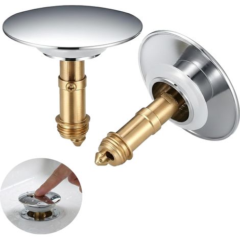 2 Sink Plug Replacements, Pop-up Bathroom Sink Plug Replacement, Brass Push-in Plug Suitable for 36 MM-39 MM, for Use in Kitchens and Bathrooms, 67 MM Chrome-plated Basin plug with Sealing Ring. (1/5)