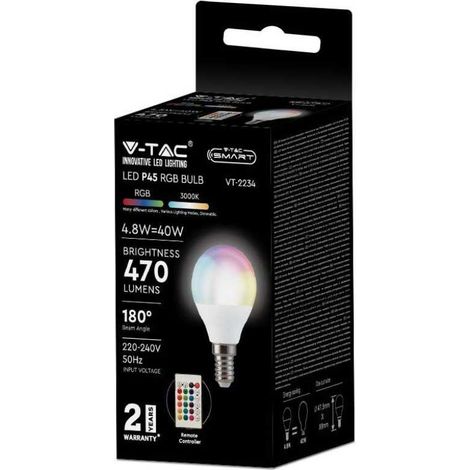 V-TAC SMART VT-2234 lampadina LED E14 4.8W P45 RF RGB+W dimmerabile bianco caldo 3000K con telecomando - sku 2766