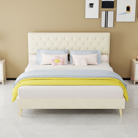 Cama tapizada de tela beige 160x200 cm con cabecero alto y somier de láminas (1/5)