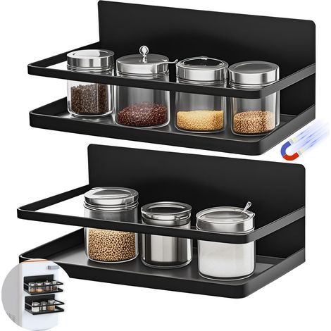Étagère magnétique pour réfrigérateur, 2 pièces porte-épices pour organiser et ranger épices, bouteilles en verre et boissons en cuisine (Noir) (1/5)