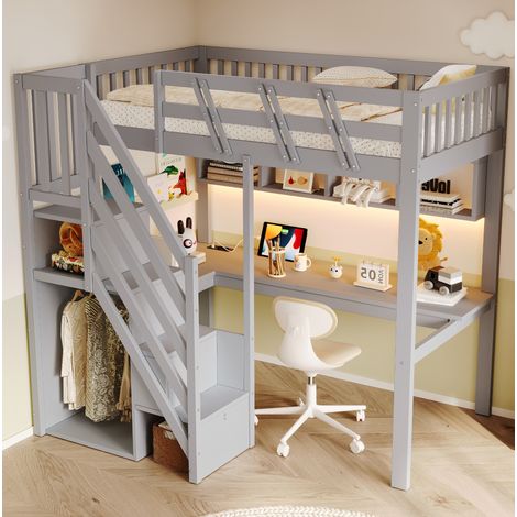 Hochbett 90x200 cm Grau aus Holz mit Schreibtisch, Stauraumtreppe, LED-Beleuchtung und Regalen (1/5)