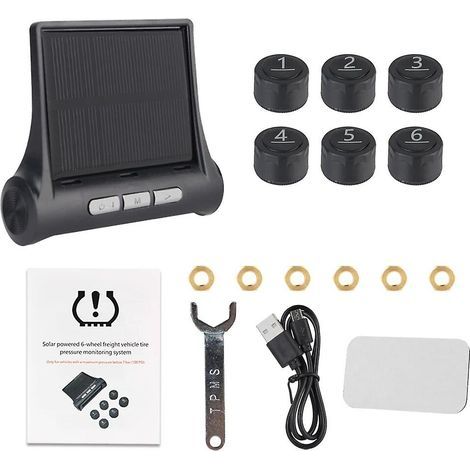 Tire pressure monitoring system for trucks and vehicles (solar TPMS) with 6 sensors, solar digital monitor, diagnostic tool and alarm. (1/5)