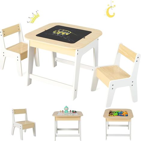 COSTWAY Kindertisch mit 2 Stühlen, 3 TLG Kindersitzgruppe Holz mit Doppelseitiger Tischplatte, 3 IN 1 Zeichentisch & Basteltisch & Aktivitätstisch, Kindermöbel mit Stauraum für Kleinkinder (1/5)