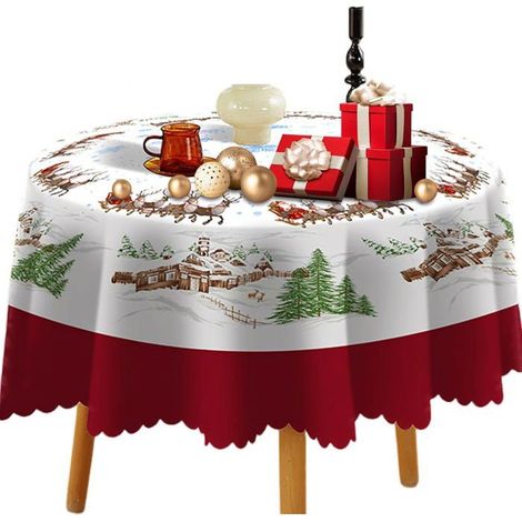 Runde Weihnachtstischdecke MICH - 150 cm - Rot - Waschbar aus Polyester - Fleckenabweisend und wasserdicht - Festliche Motive