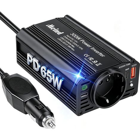 Convertisseur 12v 220v 230v 240v 300W avec Deux Ports de Charge Rapide (USB-C PD 65W / USB-A QC3.0 18W) Prise Allume Cigare Transformateur de Tension, Chargeur Voiture Camping Car, Multi-Protections (1/5)